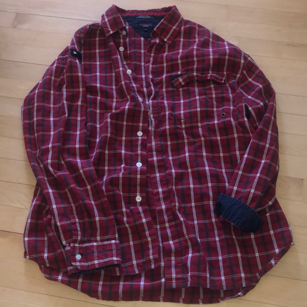 Tommy Hilfiger Large Red, White, Navy Blue Plaid Button Up Collared Shirt